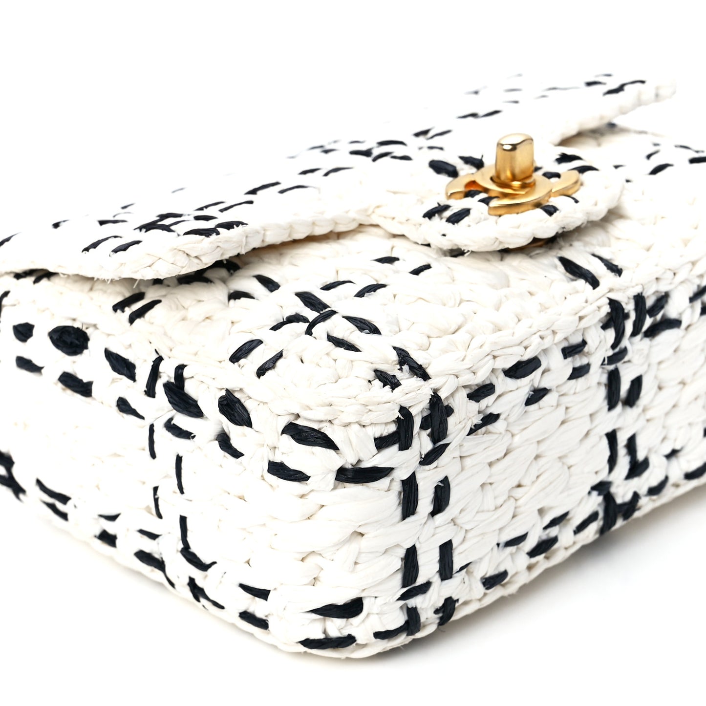 Raffia Effect Tweedy Mini Flap Bag White Black