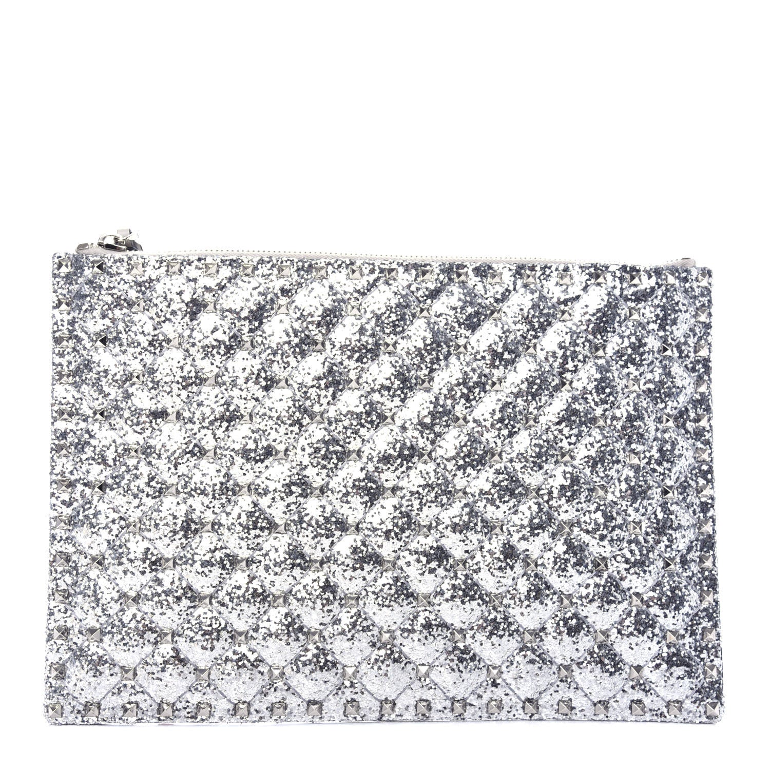 Valentino Garavani Glitter Rockstud Spike Zip Pouch Silver 1 of 6