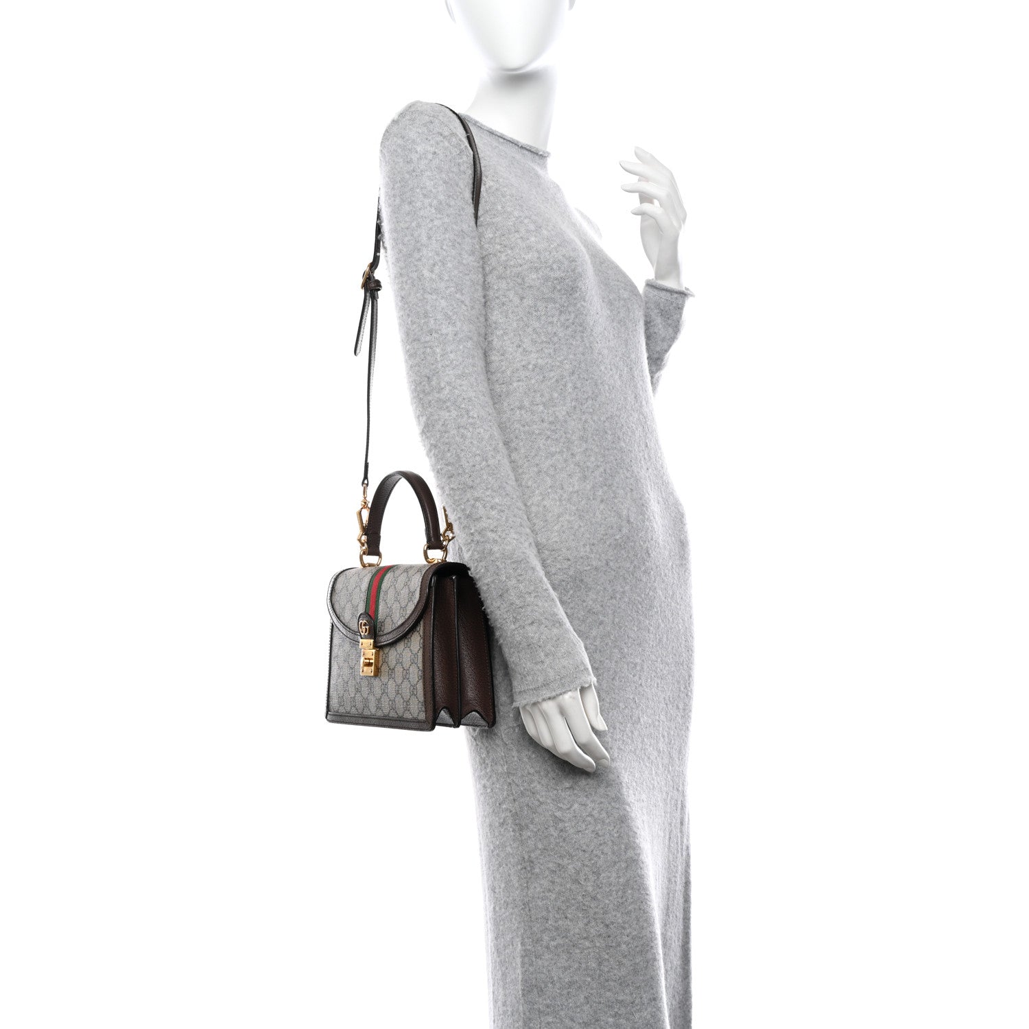 Gucci GG Supreme Monogram Textured Dollar Calfskin Web Small Ophidia Padlock Top Handle Bag Beige Ebony New Acero 2 of 9