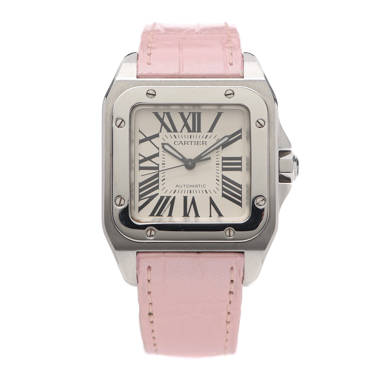 Cartier Stainless Steel Alligator 33mm Santos 100 Automatic Watch Pink 1 of 5