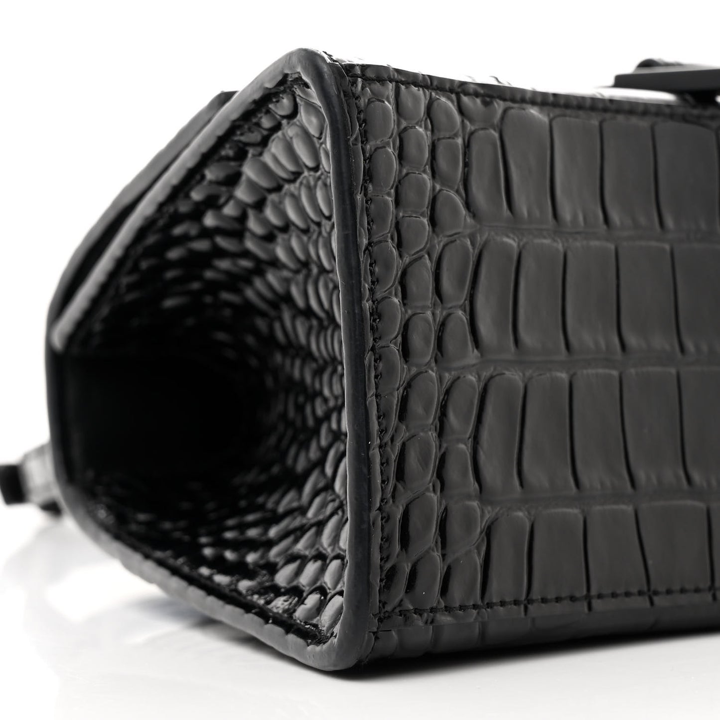 Shiny Calfskin Monochrome Crocodile Embossed Small Hourglass Top Handle Bag Black