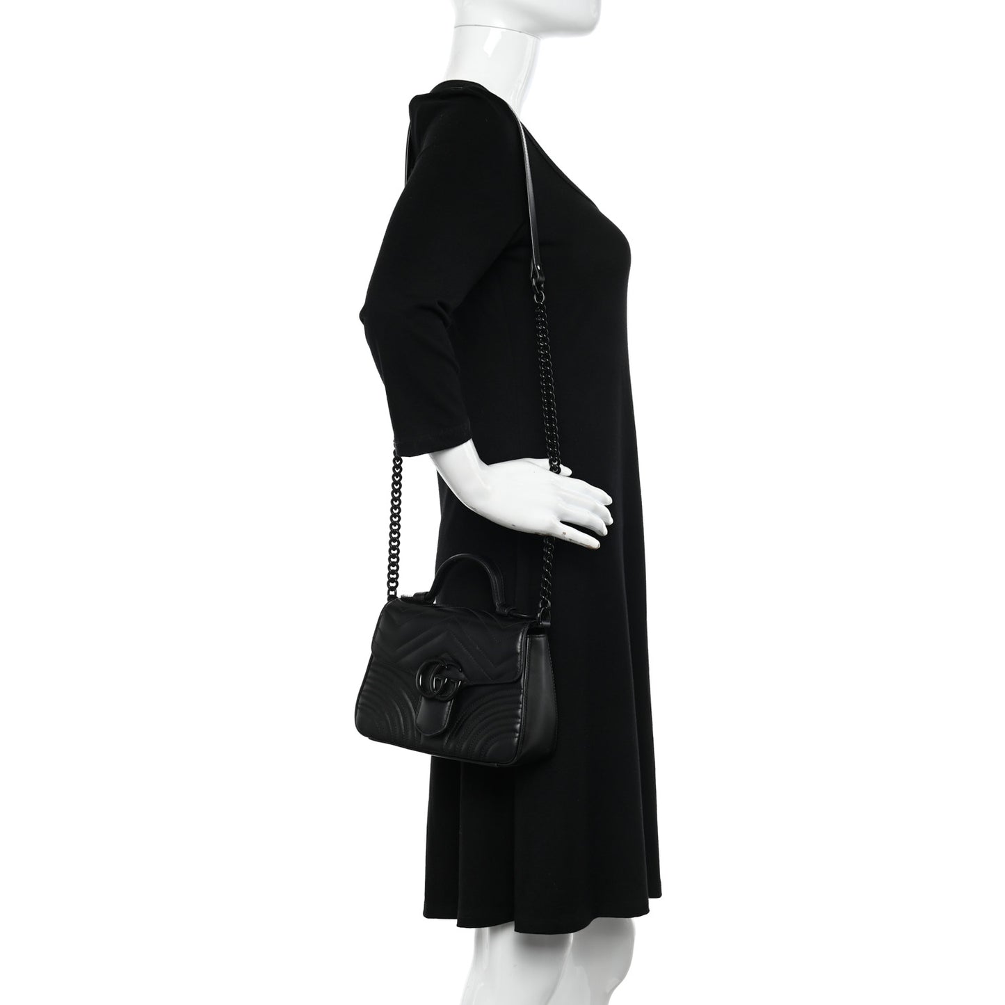 Calfskin Matelasse Monochrome Mini GG Marmont Top Handle Shoulder Bag Black