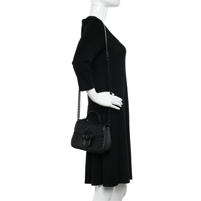 Gucci Calfskin Matelasse Monochrome Mini GG Marmont Top Handle Shoulder Bag Black 2 of 14
