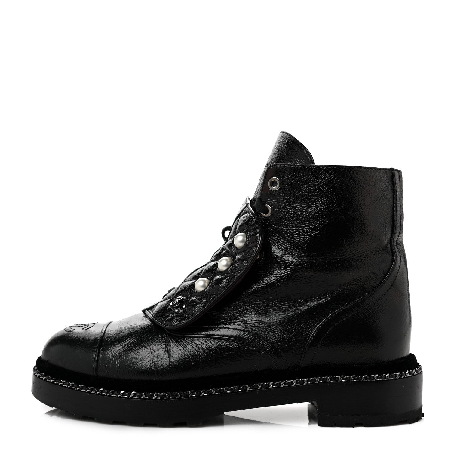Chanel Crackled Calfskin Velvet Pearl Combat Short Boots 40 Black 1 of 7