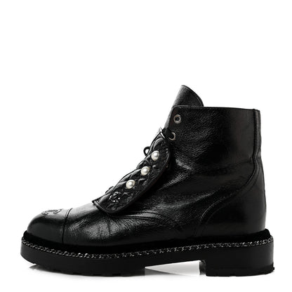 Chanel Crackled Calfskin Velvet Pearl Combat Short Boots 40 Black 1 of 7