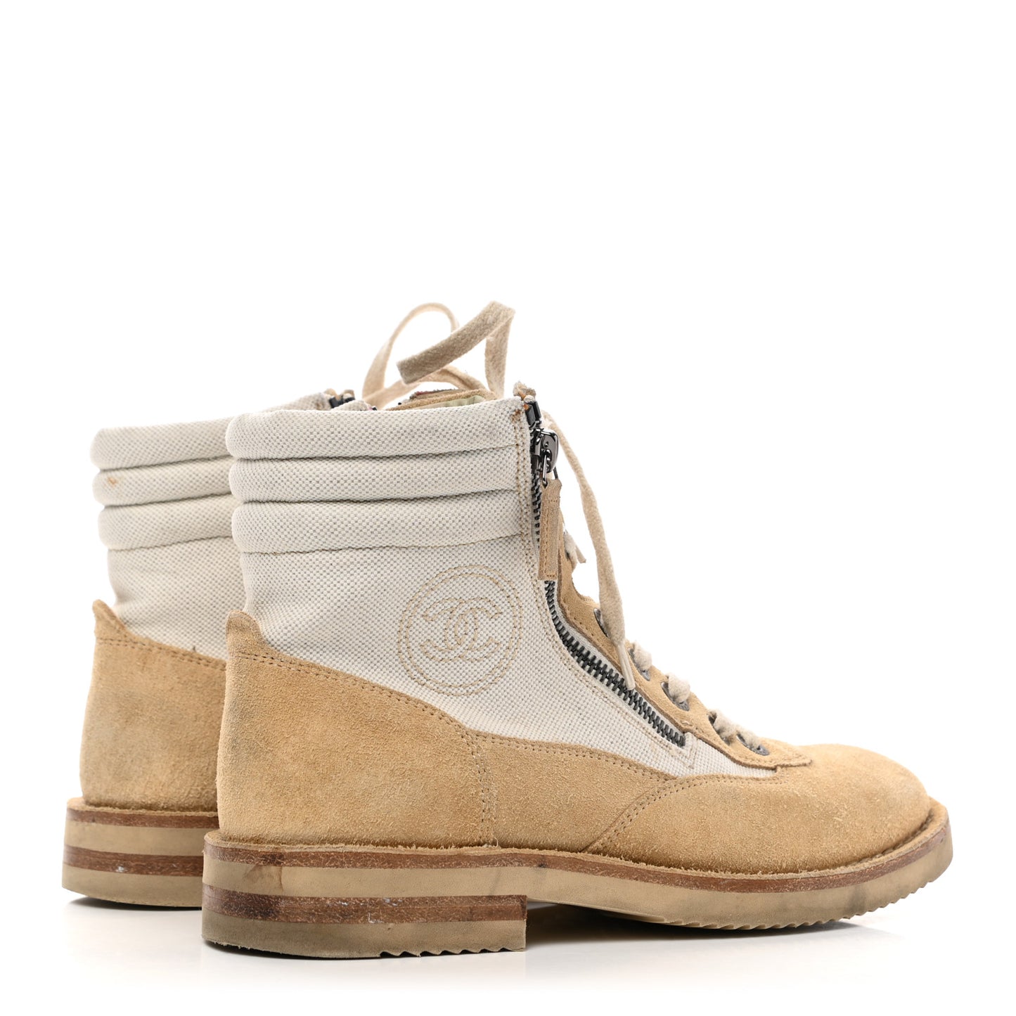 Toile Suede Calfskin CC Lace Up Short Boots 38 Light Beige