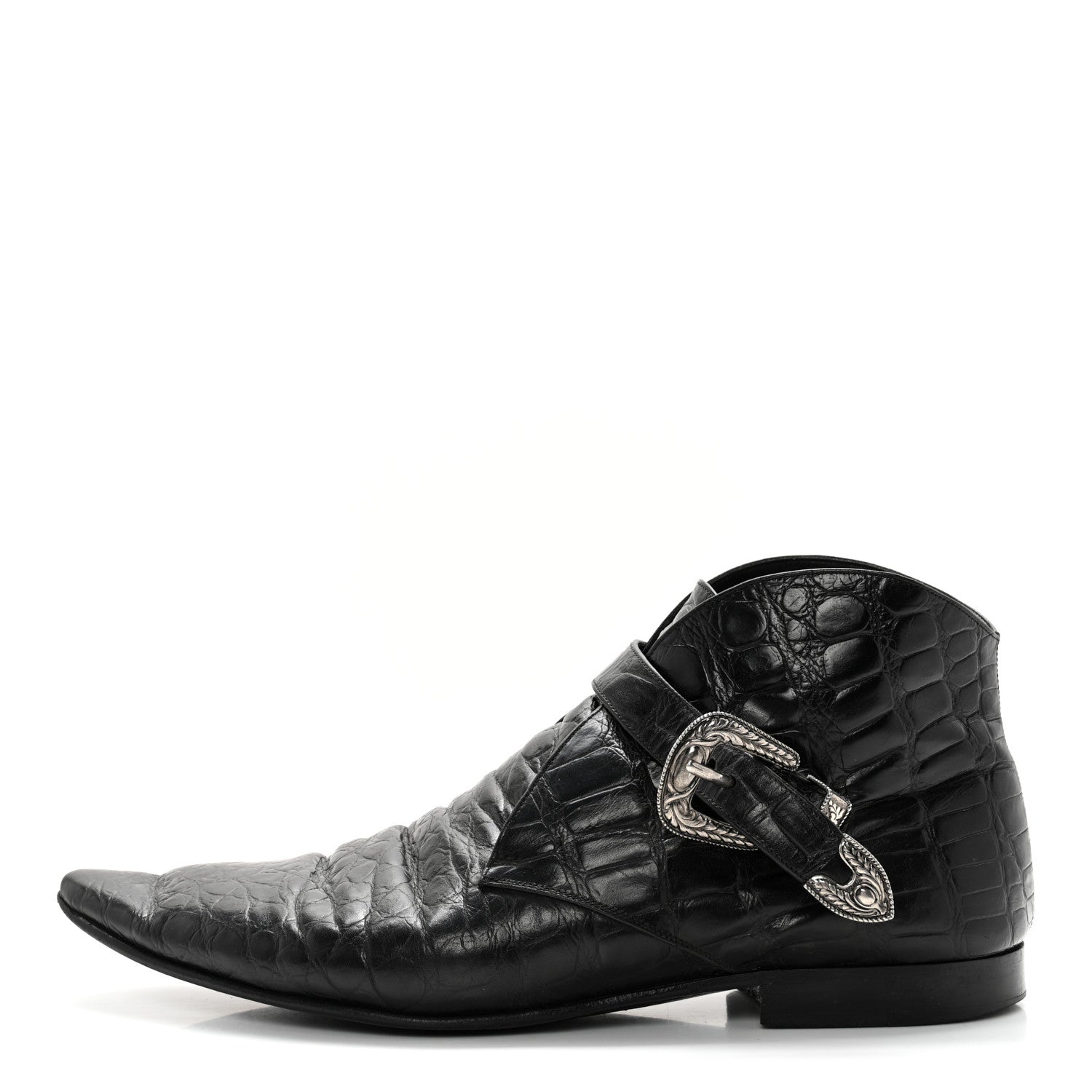 Saint Laurent Calfskin Crocodile Embossed Mens Dixon Buckle Ankle Boots 45 Black 1 of 12
