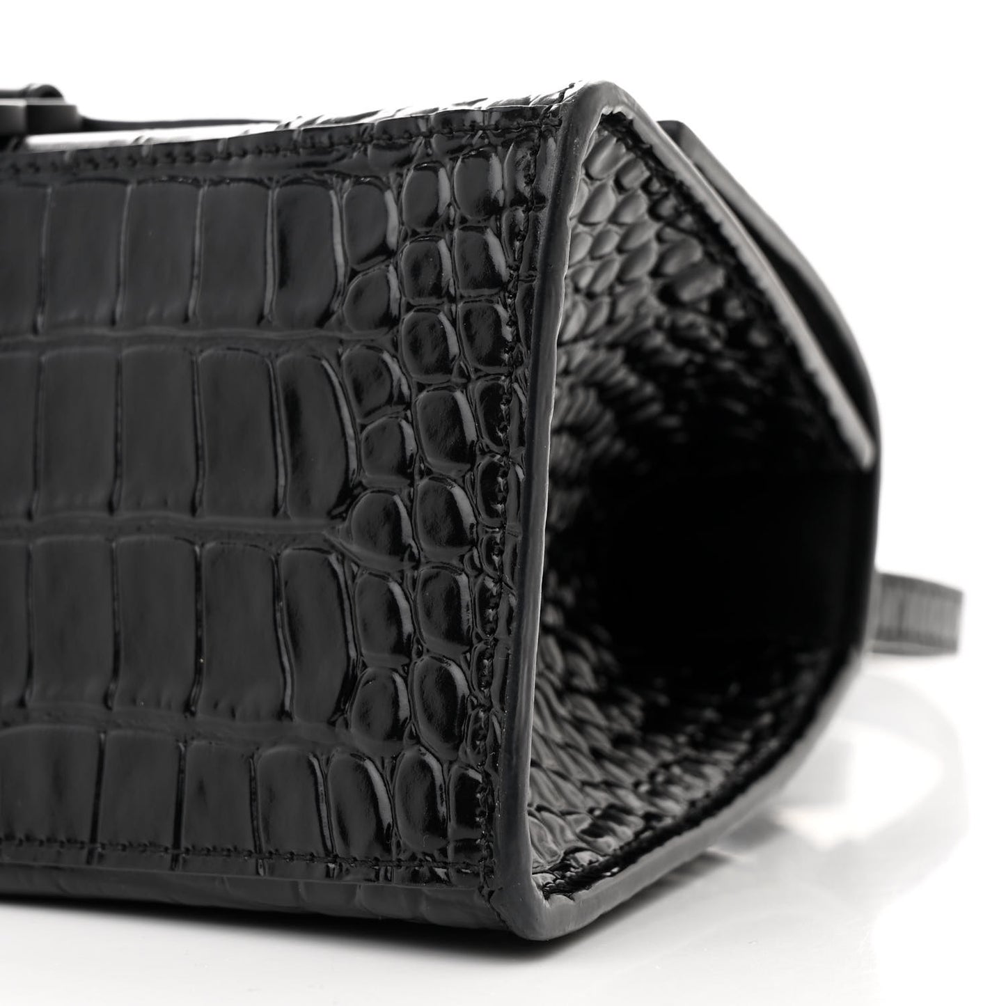 Shiny Calfskin Monochrome Crocodile Embossed Small Hourglass Top Handle Bag Black