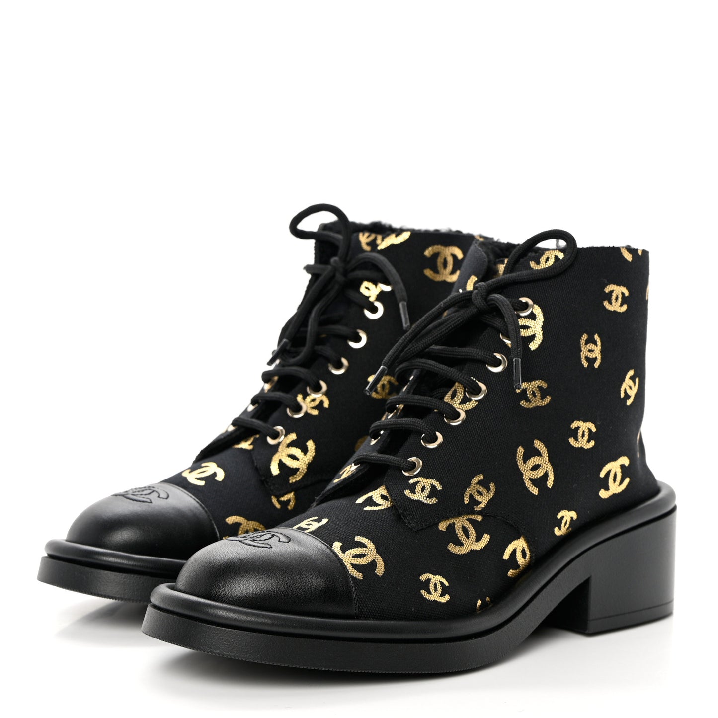 Lambskin Shearling Canvas CC Lace Up Boots 39.5 Black Gold