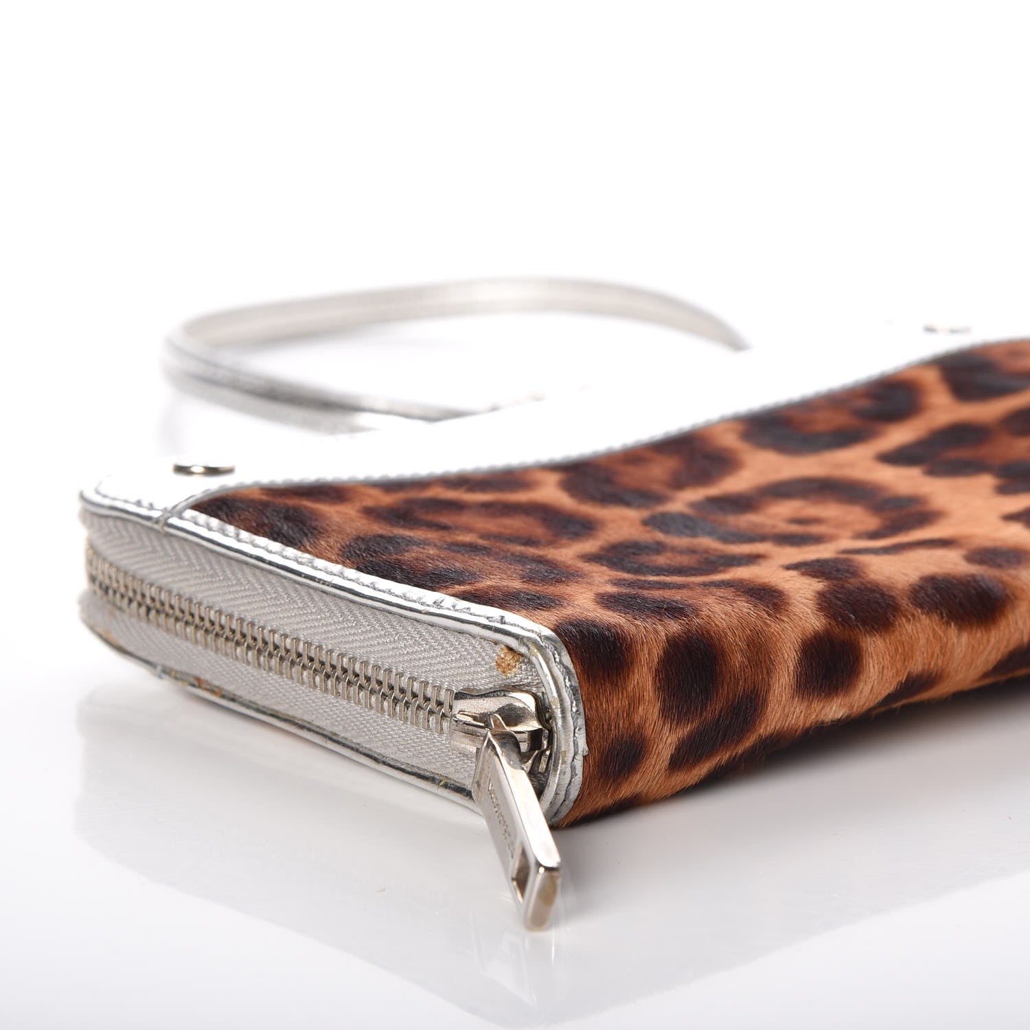 Dolce & Gabbana Metallic Patent Calf Hair Zip Around Wallet on Chain Silver Leopard 8 of 8