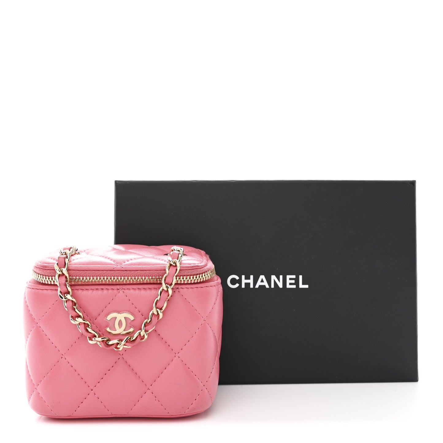 Lambskin Quilted Pearl Crush Mini Vanity Case With Chain Dark Pink