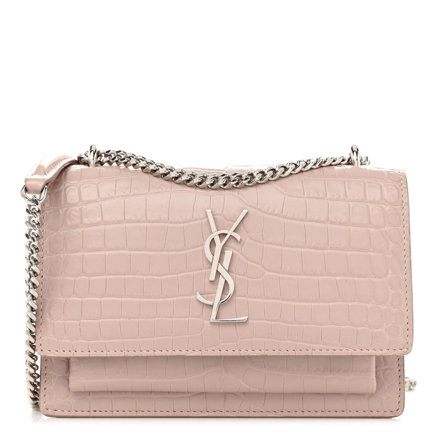 Calfskin Crocodile Embossed Monogram Sunset Chain Wallet Marble Pink