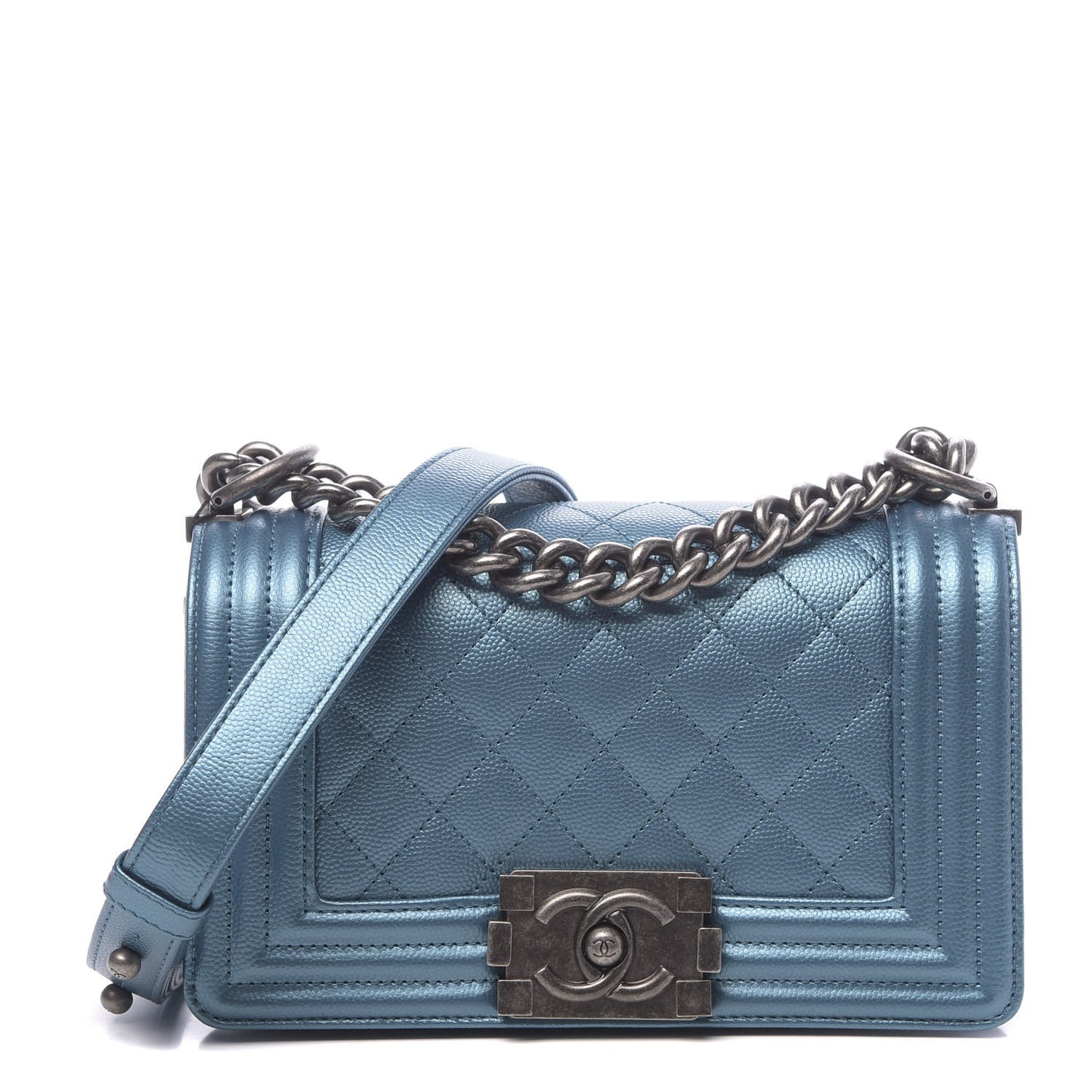 Metallic Caviar Quilted Small Boy Flap Turquoise