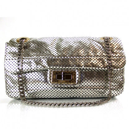 Chanel Metallic Crackled Calfskin Perforated Drill Flap Silver 1 of 12