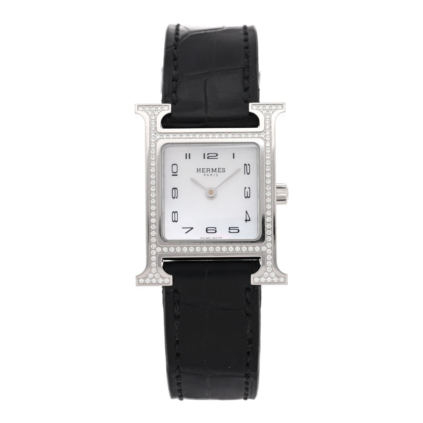Stainless Steel Alligator Diamond Bezel Mother of Pearl 21mm Heure H Hour Quartz Watch Noir
