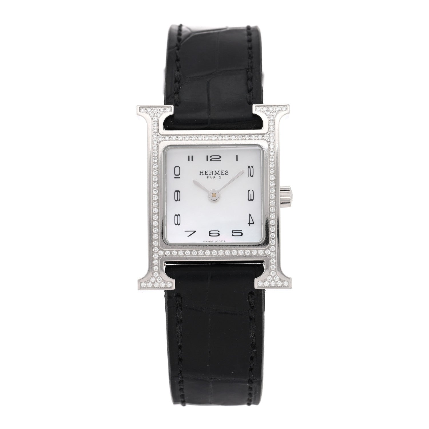 Hermes Stainless Steel Alligator Diamond Bezel Mother of Pearl 21mm Heure H Hour Quartz Watch Noir 1 of 4