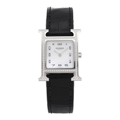 Hermes Stainless Steel Alligator Diamond Bezel Mother of Pearl 21mm Heure H Hour Quartz Watch Noir 1 of 4