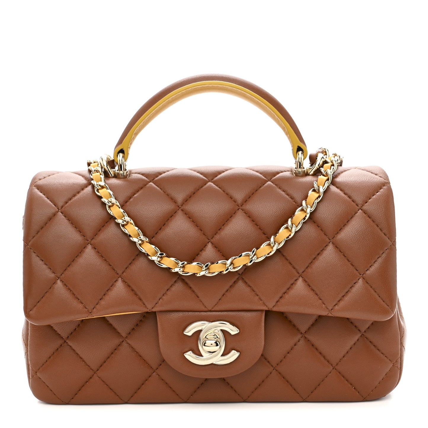 Lambskin Quilted Bi-Color Mini Top Handle Rectangular Flap Light Brown Yellow