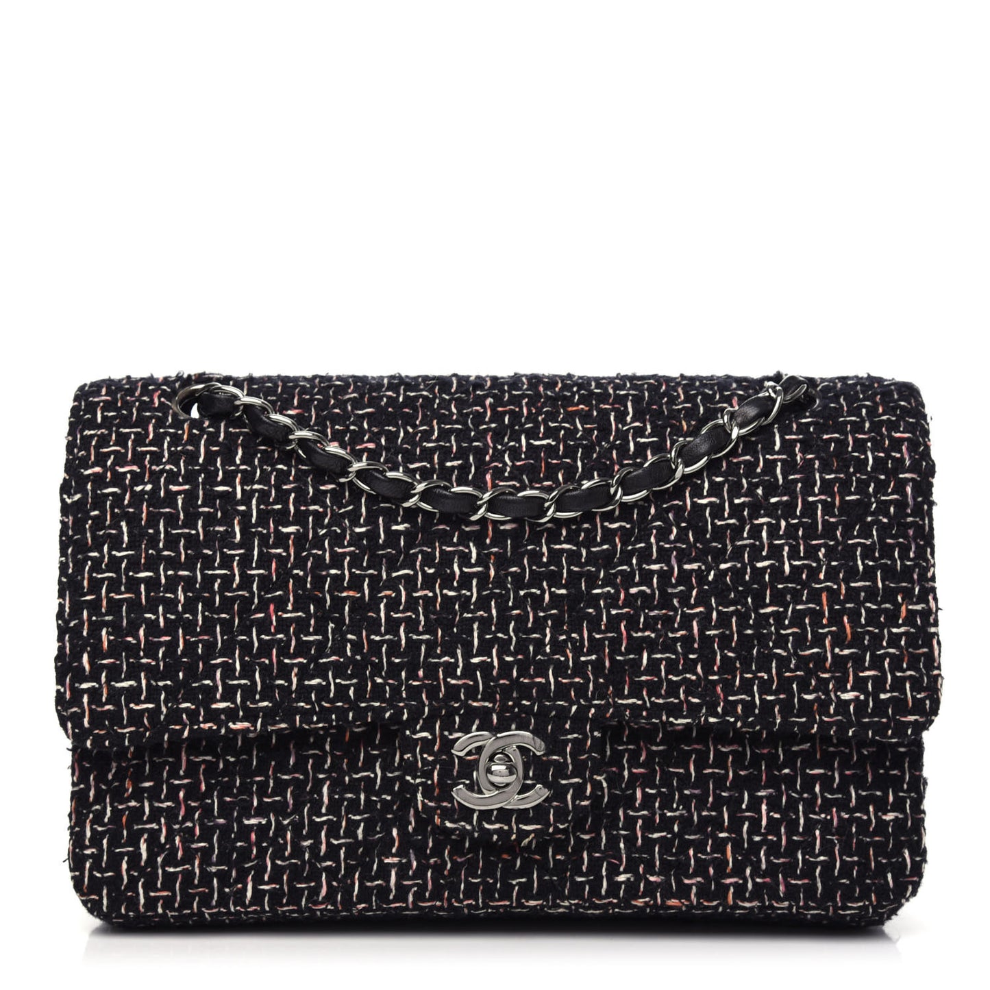 Tweed Quilted Medium Double Flap Black