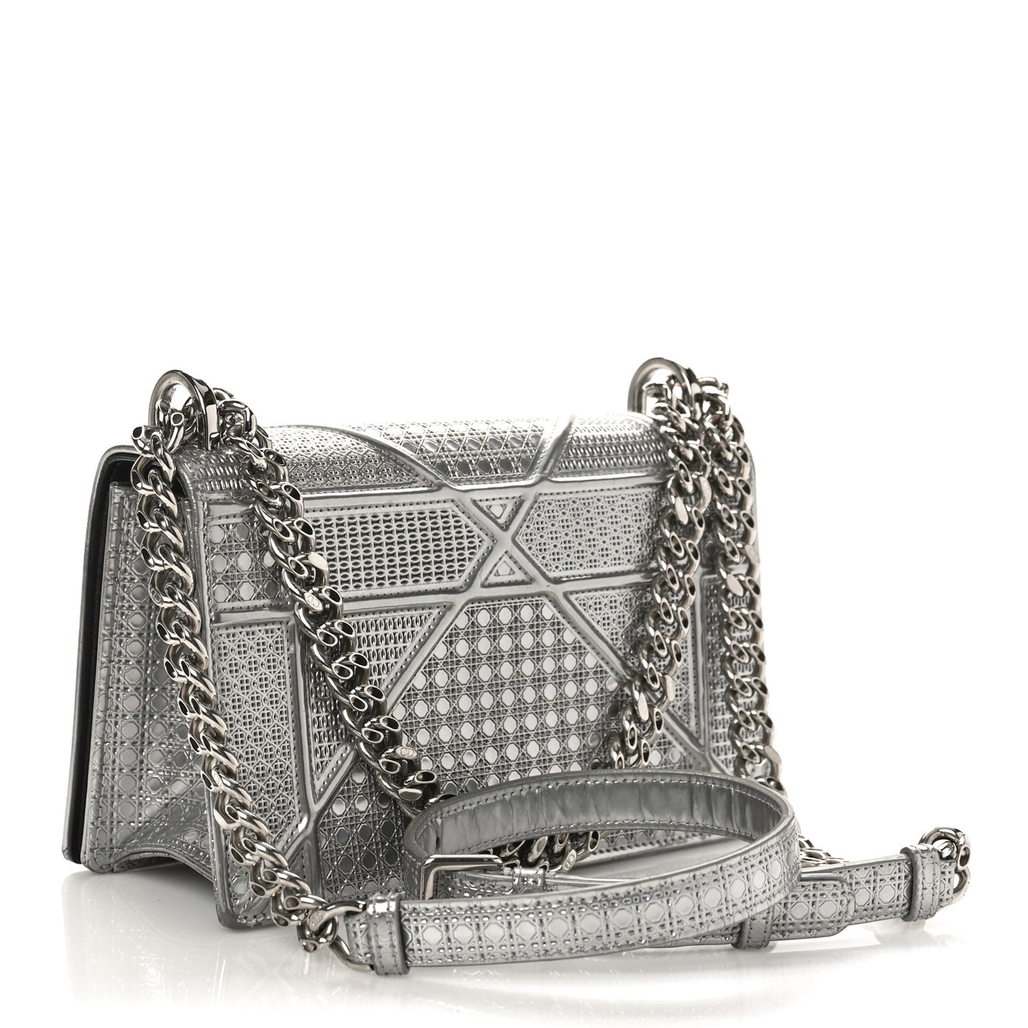 Metallic Patent Micro-Cannage Small Diorama Flap Bag Silver