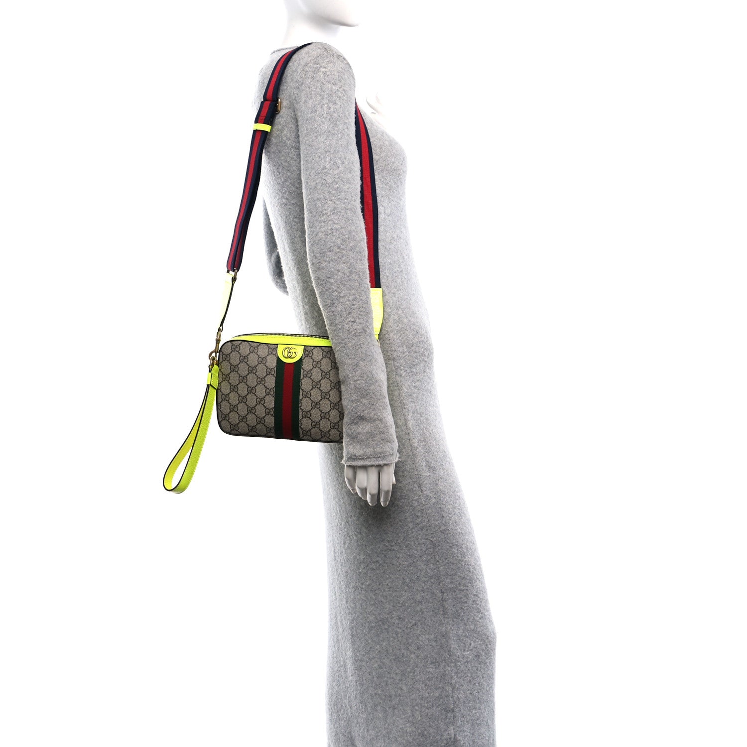 Gucci GG Supreme Monogram Textured Dollar Calfskin Web Ophidia Wristlet Shoulder Bag Beige Ebony Fluo Yellow 2 of 10