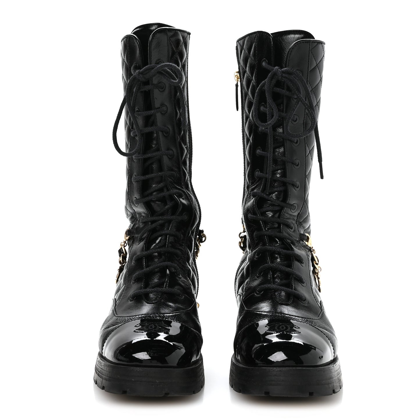 Shiny Calfskin Patent Quilted Chain Lace Up Combat Long Boots 38.5 Black