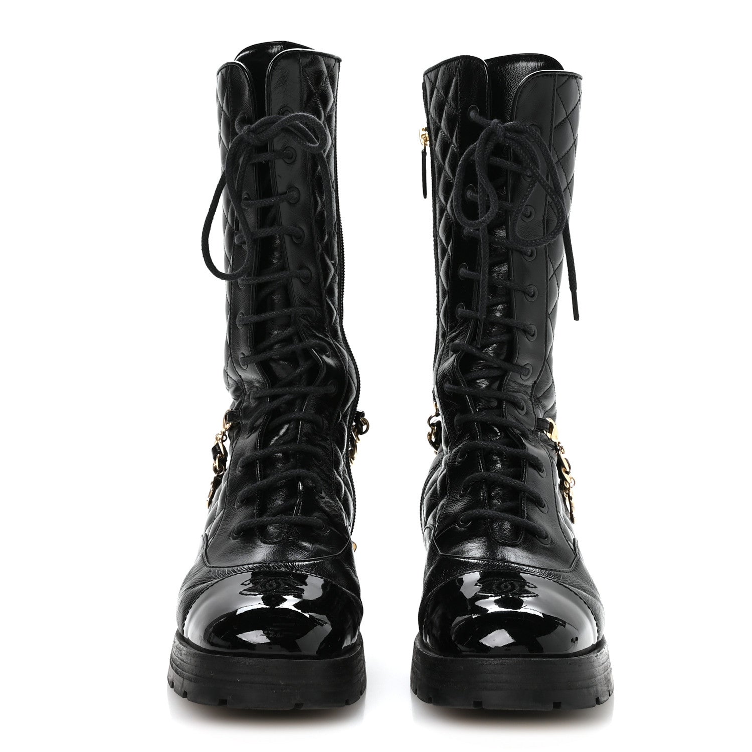 Chanel Shiny Calfskin Patent Quilted Chain Lace Up Combat Long Boots 38.5 Black 3 of 8