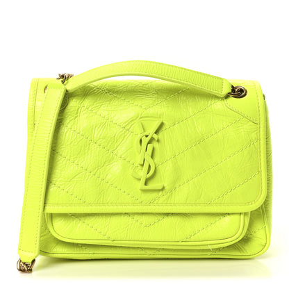 Saint Laurent Crinkled Calfskin Matelasse Monogram Baby Niki Chain Satchel Neon Yellow 1 of 10