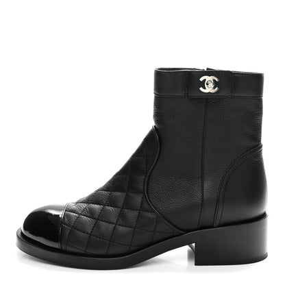 Chanel Calfskin Patent Quilted Cap Toe Short Boots 37.5 Black 2 of 20