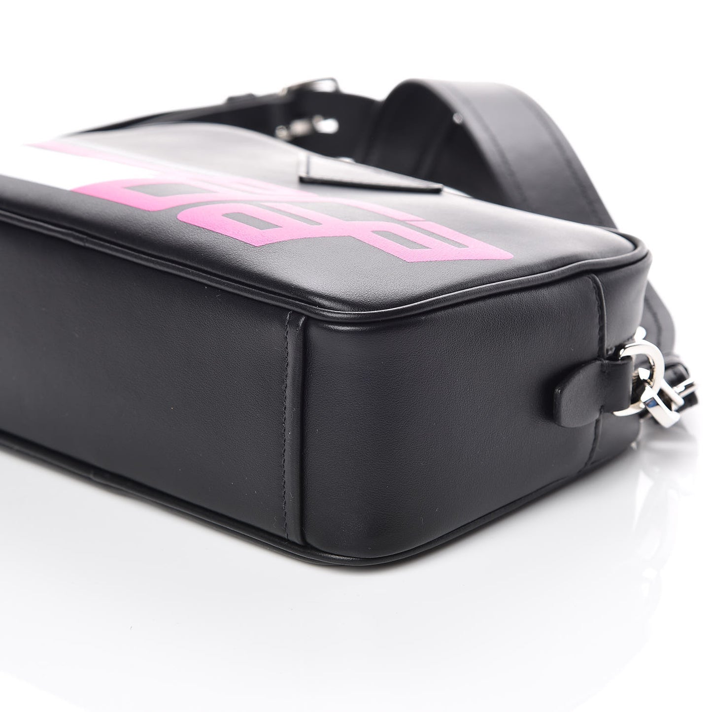 City Calfskin Racing Logo Camera Bag Black Fuxia