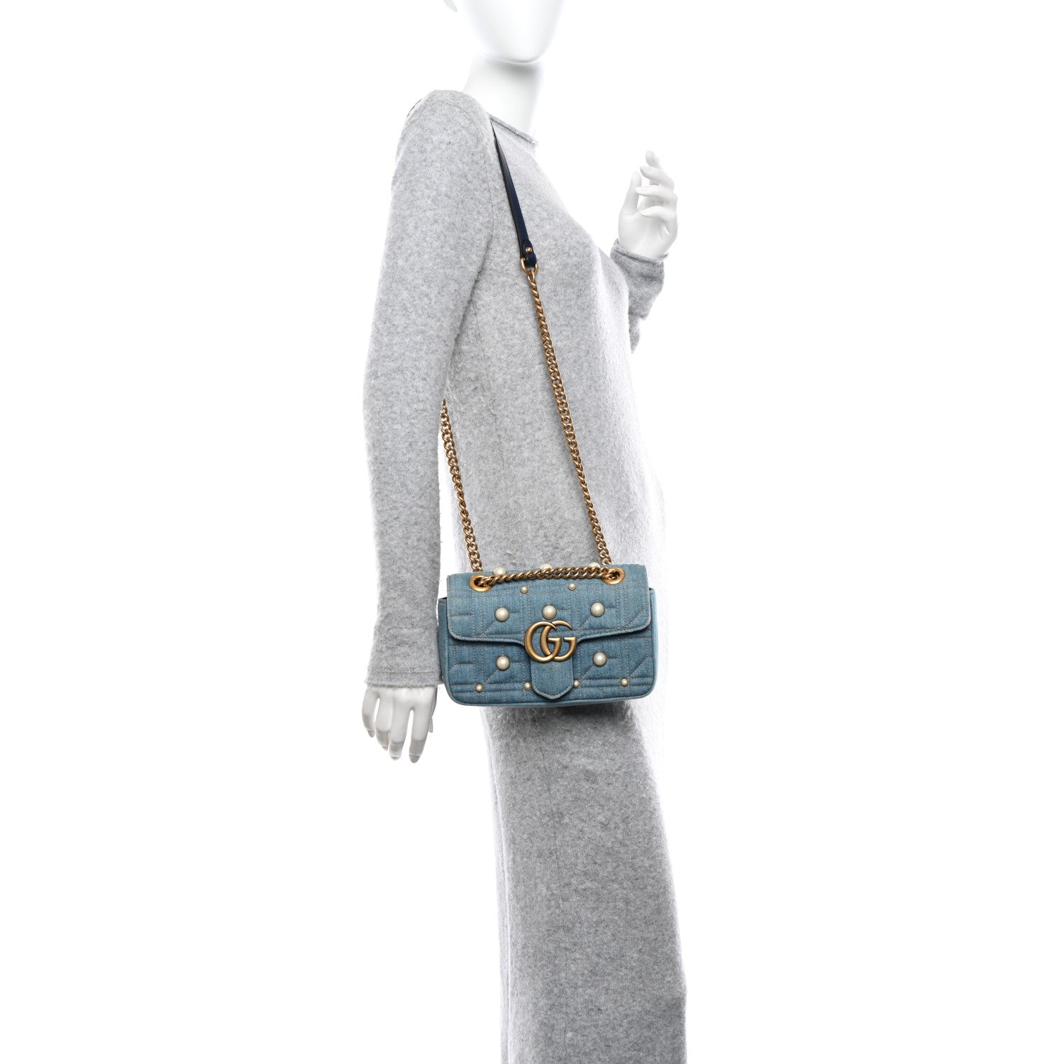 Gucci Denim Matelasse Pearl Studded Mini GG Marmont Shoulder Bag Blue 2 of 11