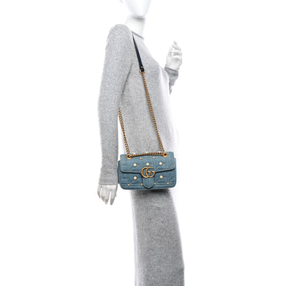 Gucci Denim Matelasse Pearl Studded Mini GG Marmont Shoulder Bag Blue 2 of 11