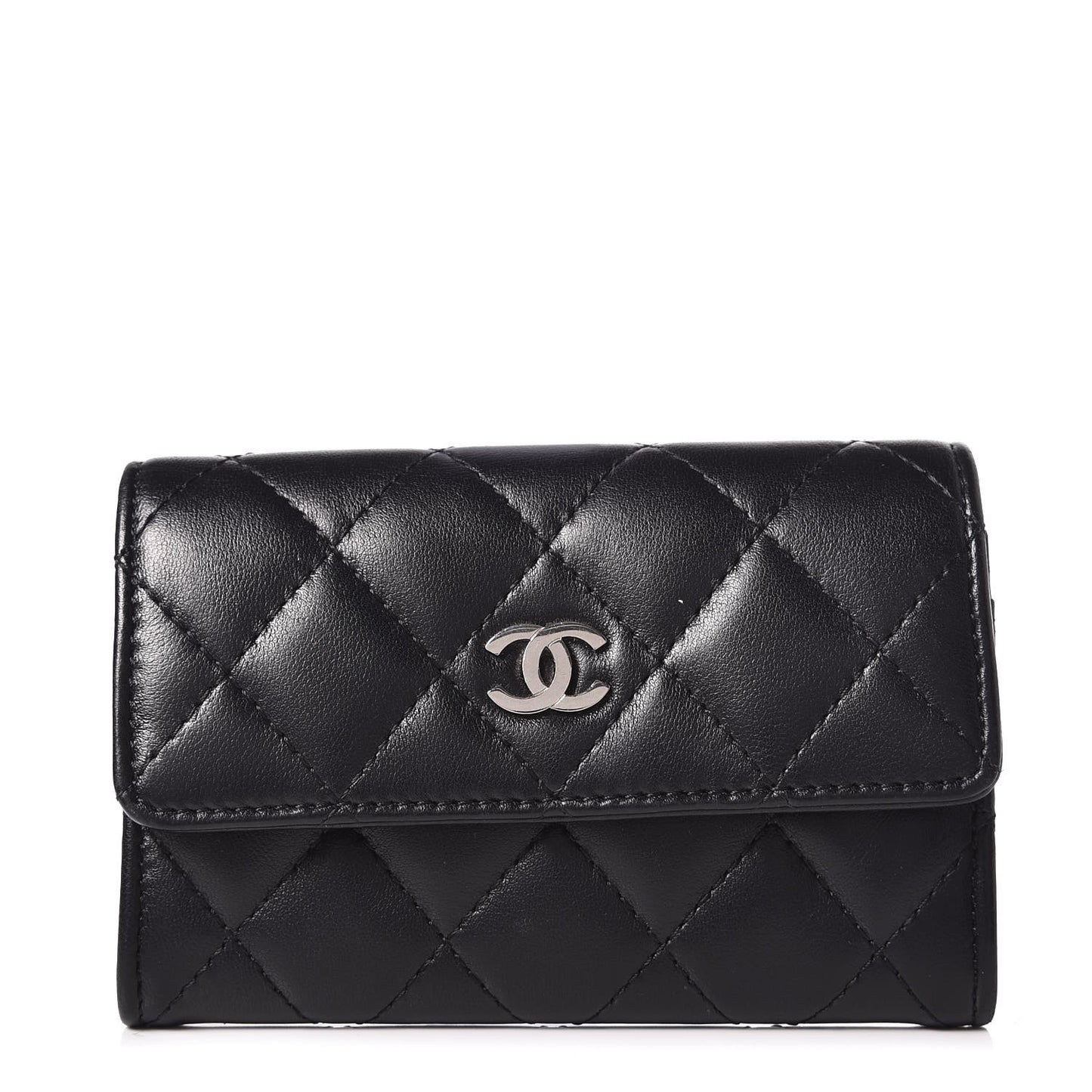 Lambskin Quilted Flap Card Holder Black