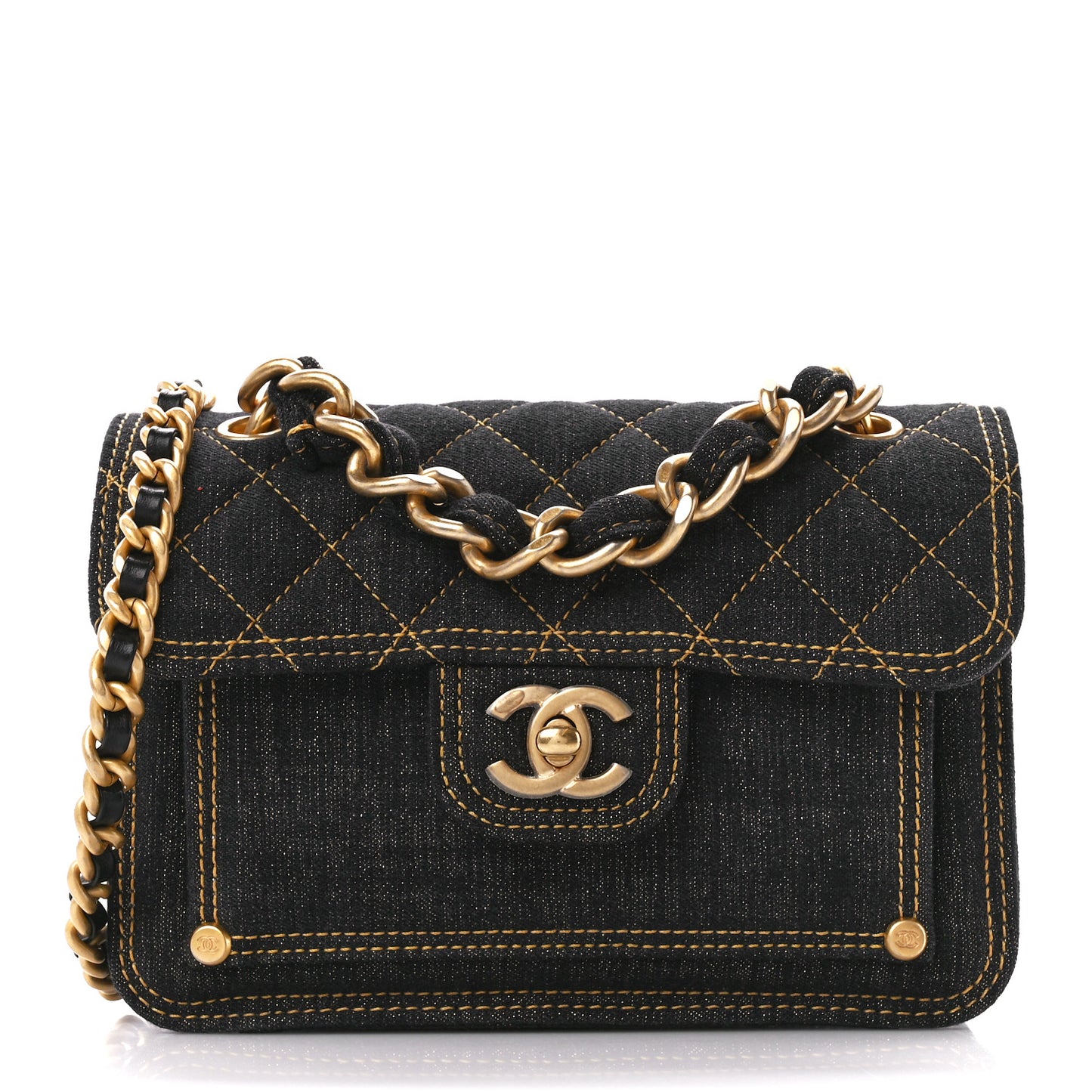 Denim Quilted Double You Mini Flap Black Golden