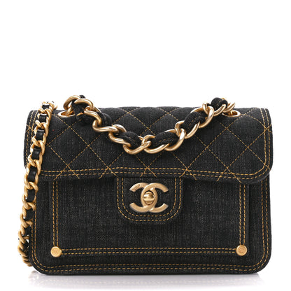 Chanel Denim Quilted Double You Mini Flap Black Golden 1 of 11