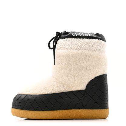 Chanel Tweed Shearling Sheepskin Drawstring Snow Ankle Boots 36 White 1 of 11