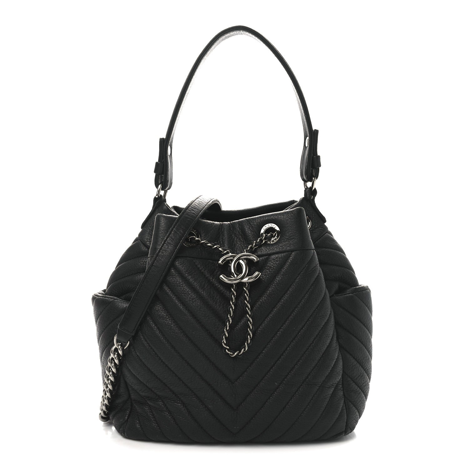 Chanel Deerskin Chevron Small CC Chain Bucket Bag Black 1 of 10