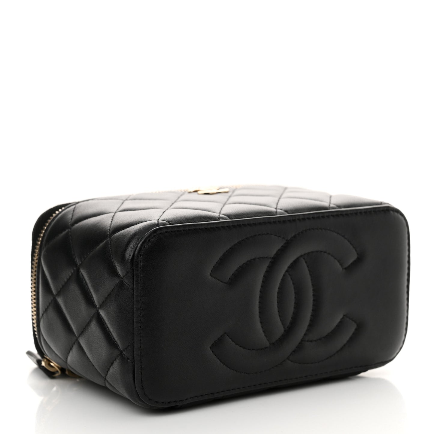 Lambskin Quilted Small Top Handle Vanity Case With Chain Black