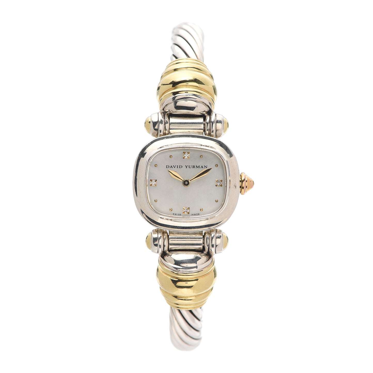 Sterling Silver 18K Yellow Gold Diamond Mother of Pearl 21mm Classic Cable Quartz Watch