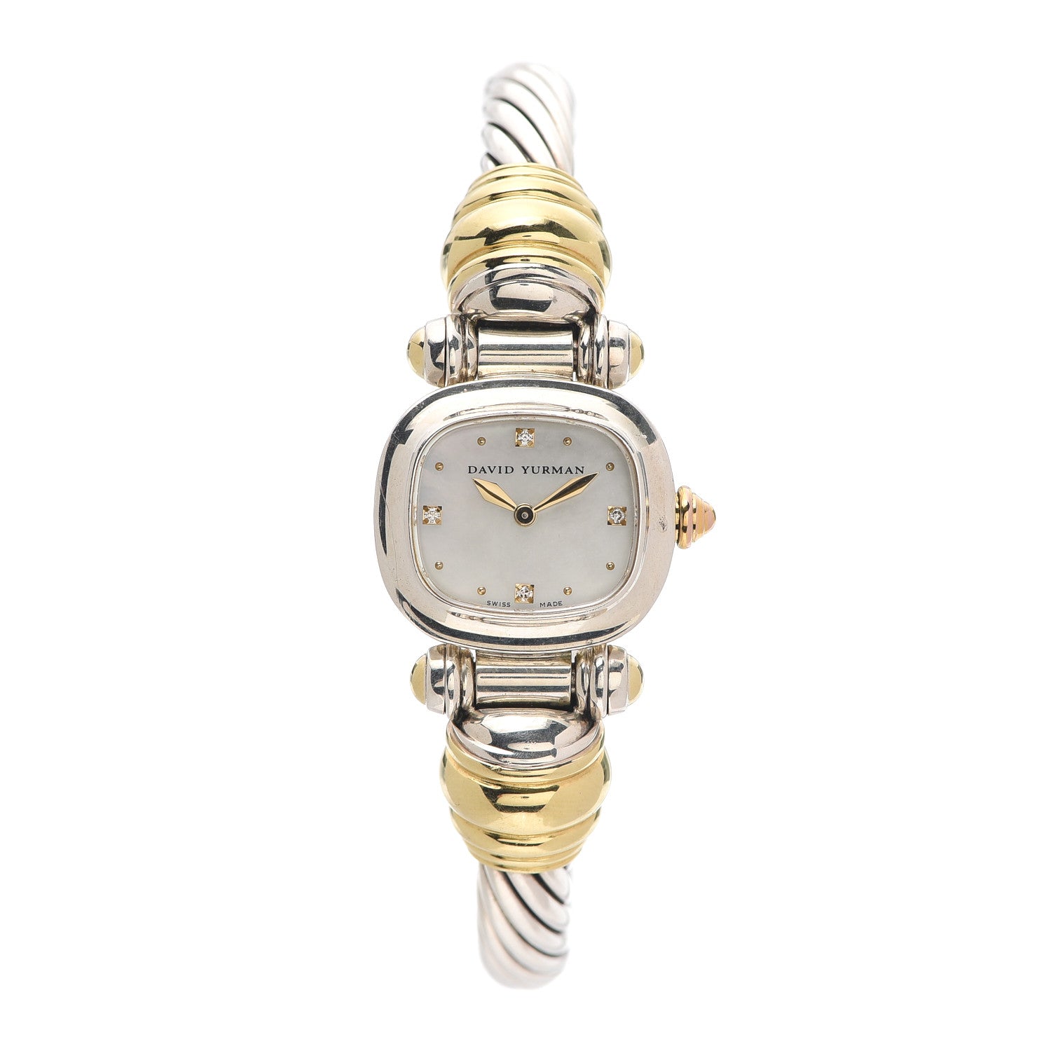 David Yurman Sterling Silver 18K Yellow Gold Diamond Mother of Pearl 21mm Classic Cable Quartz Watch 1 of 5