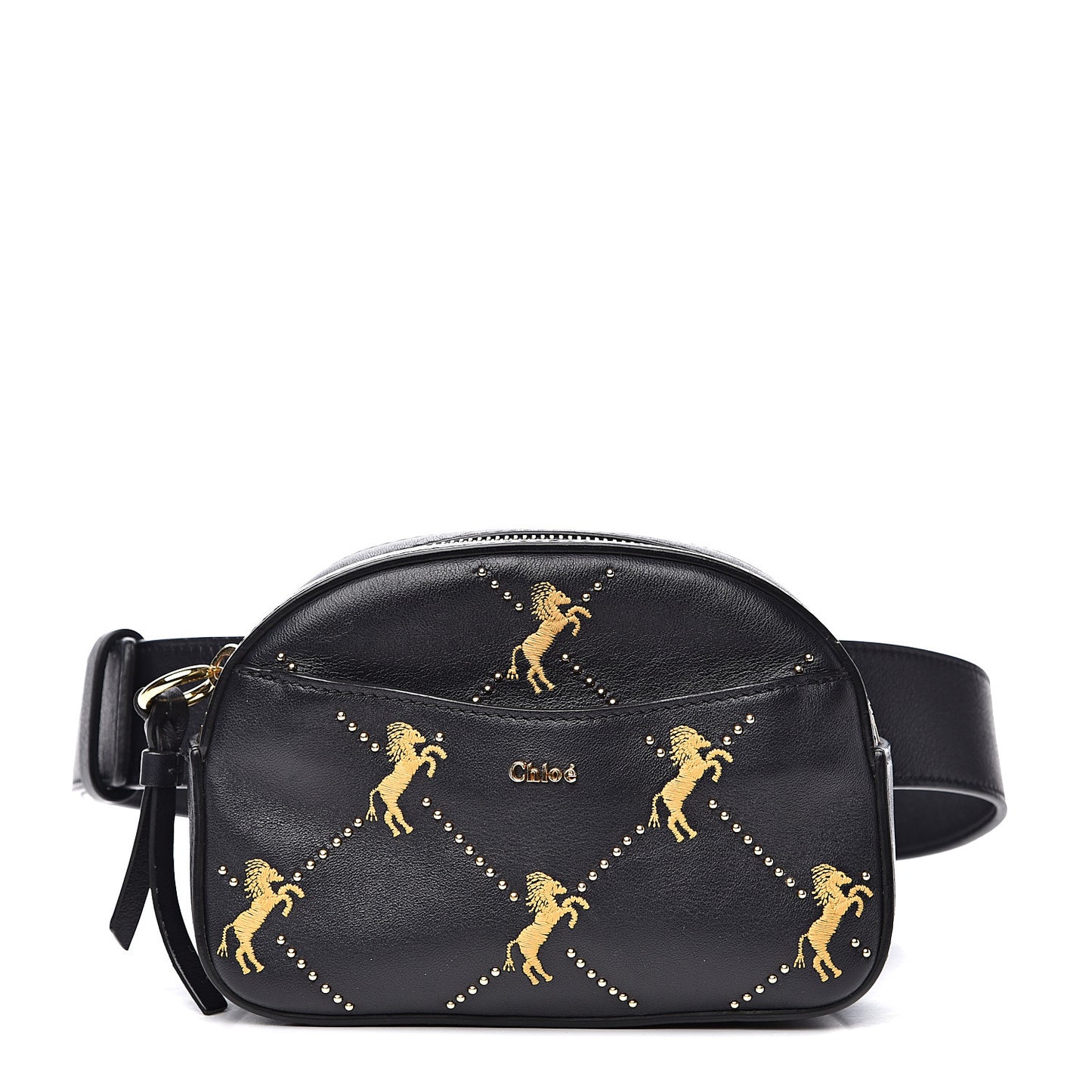 Smooth Calfskin Little Horses Embroidered Signature Belt Bag Black