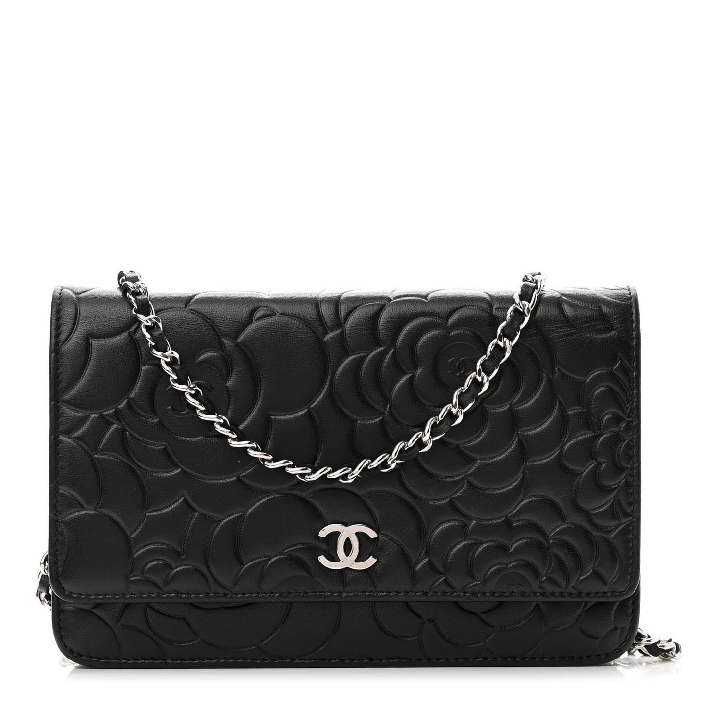 Lambskin Camellia Embossed Wallet on Chain WOC Black