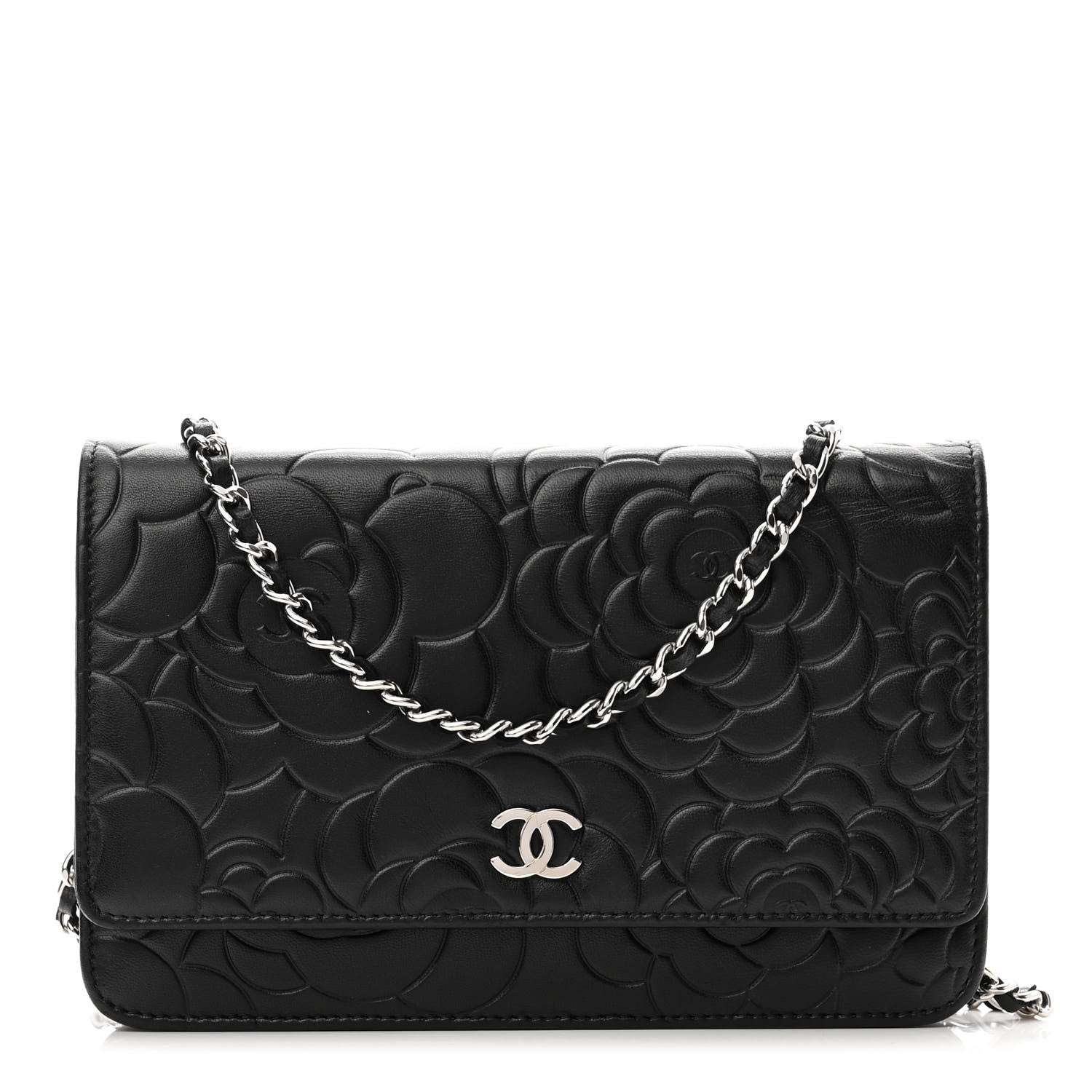 Chanel Lambskin Camellia Embossed Wallet on Chain WOC Black 1 of 12