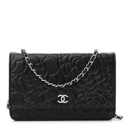 Chanel Lambskin Camellia Embossed Wallet on Chain WOC Black 1 of 12