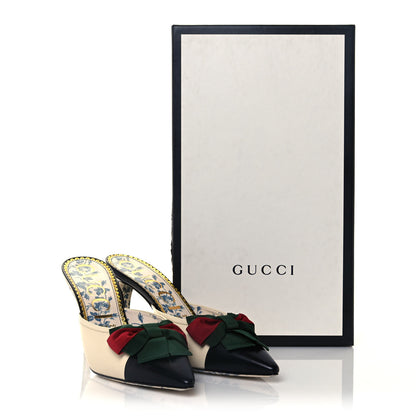 Gucci Malaga Kid Web Bow Mid Heel Mules 42 Black Vintage White 11 of 11
