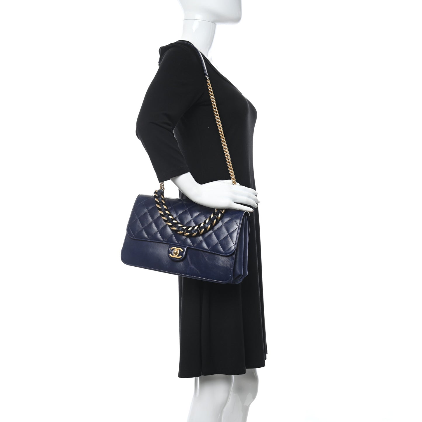 Iridescent Calfskin Quilted Straight Lined Flap Navy