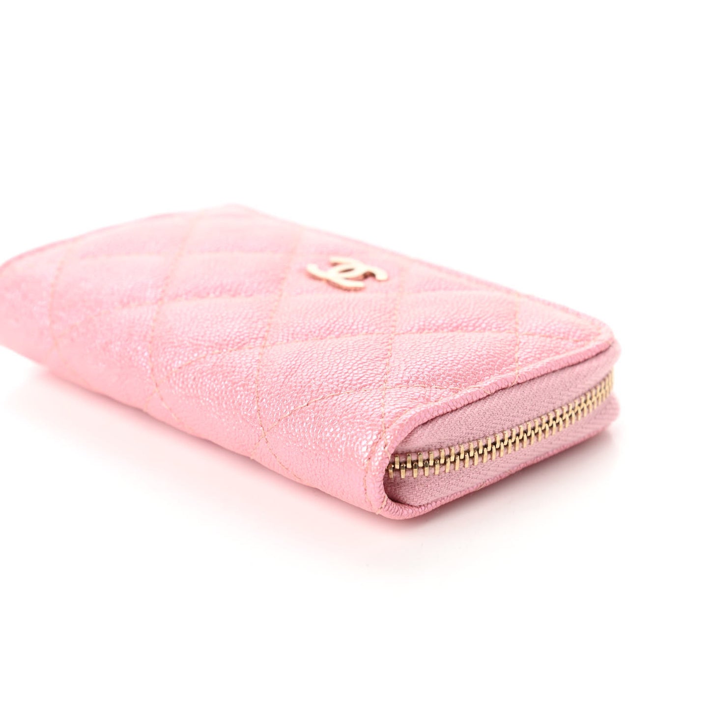 Iridescent Caviar Quilted Zipped Key Holder Case Rose Pink