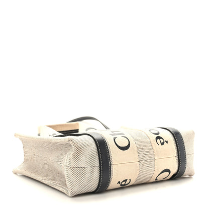 Chloe Cotton Calfskin Small Woody Ribbon Tote With Strap White Navy 4 of 8