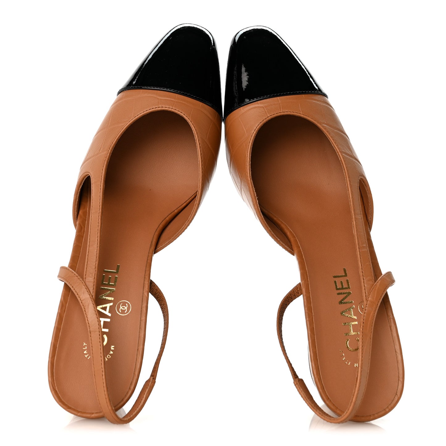Calfskin Crocodile Embossed Patent Cap Toe CC Slingback Pumps 41.5 Light Brown Black