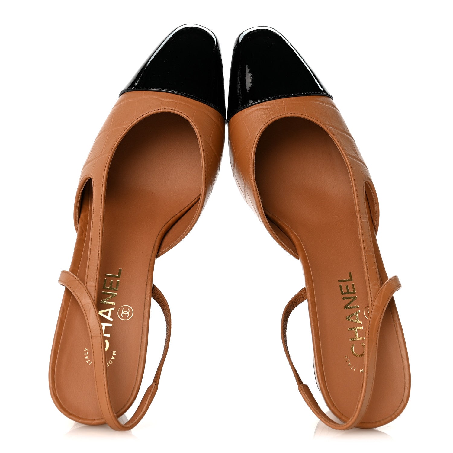 Chanel Calfskin Crocodile Embossed Patent Cap Toe CC Slingback Pumps 41.5 Light Brown Black 2 of 9